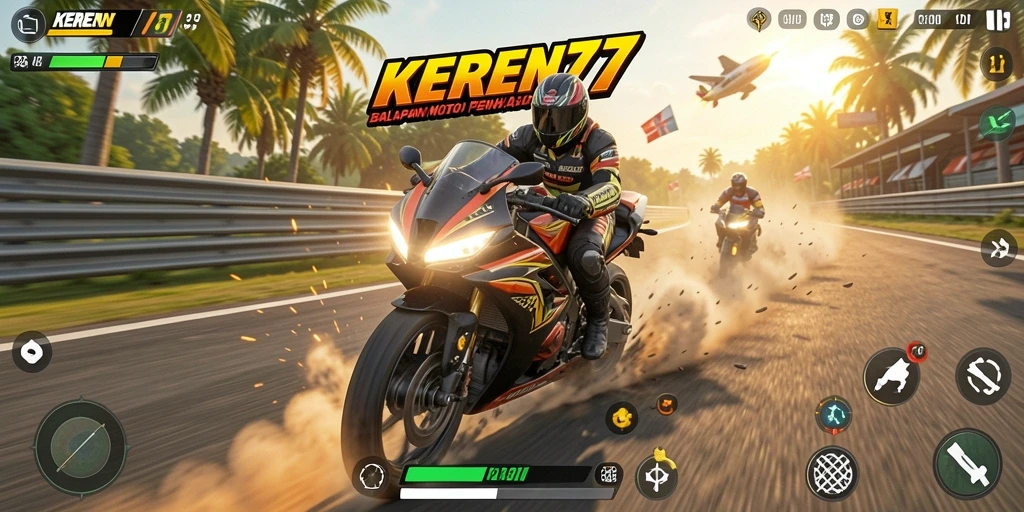 Screenshot menunjukkan aksi mendebarkan dalam balapan motor.