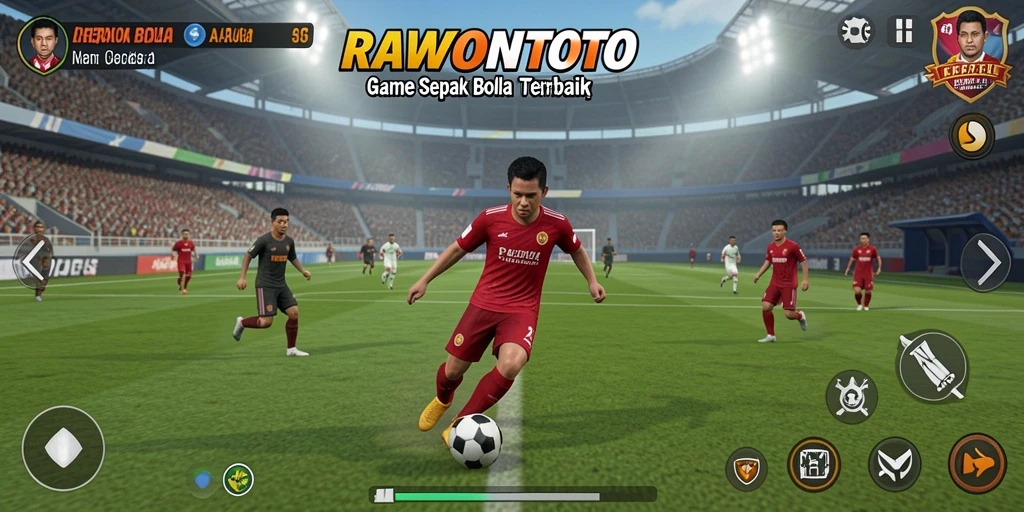 Tampilan utama permainan RAWONTOTO yang menampilkan aksi sepak bola seru.