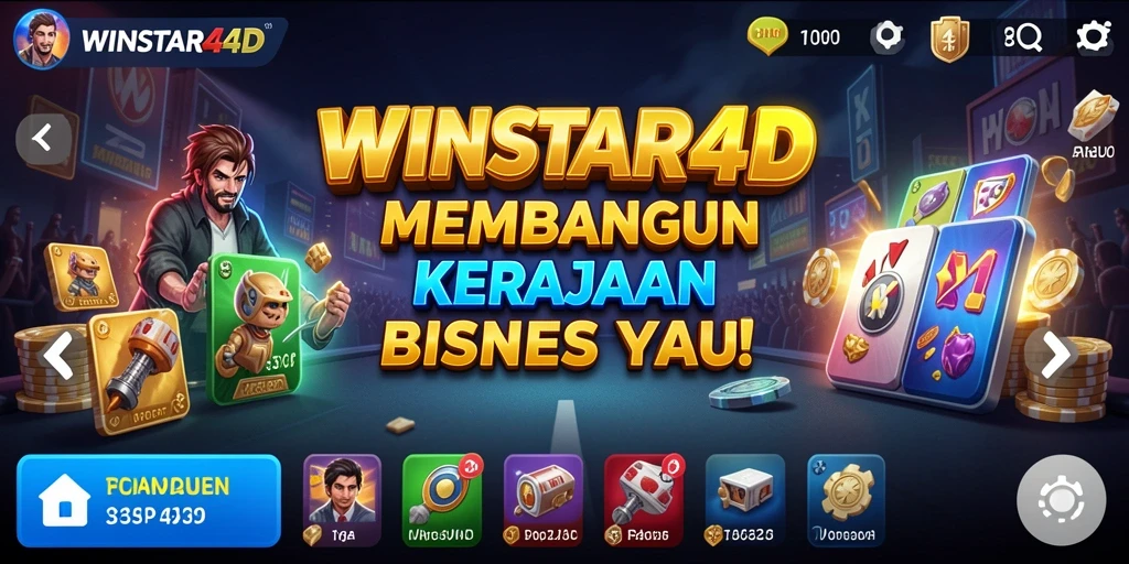 Tampilan gameplay <strong>WINSTAR4D</strong> yang menunjukkan aksi membangun kerajaan bisnis.